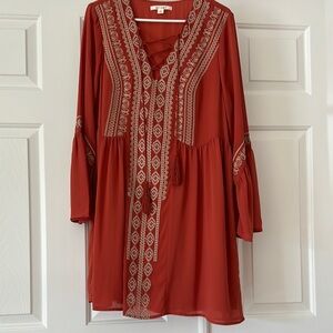 Bohemian Red Tunic Dress with Embroidered Details